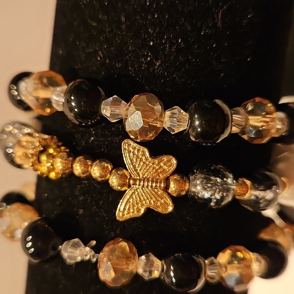 3 Black & White & Goldtone Glass & Crystal Beaded Stretch Bracelet Set - Picture 5 of 9